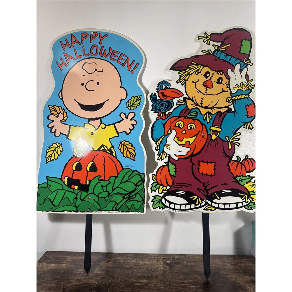 2 Vintage‎ 1998 Peanuts Great Pumpkin Charlie Brown Signs Halloween Decorations